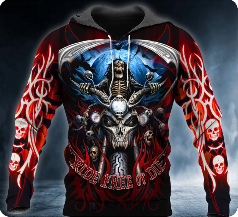 Bikergod Motorcycle Biker Skull Ride Free Or Die Hoodie Design 3D Full Printed Sizes S - 5XL - NAAM99