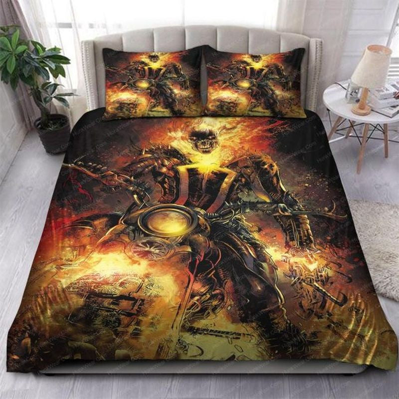 Bikergod Motorcycle Skull Ride In Fire Bedding Set Cover Design 3D - NAAB235