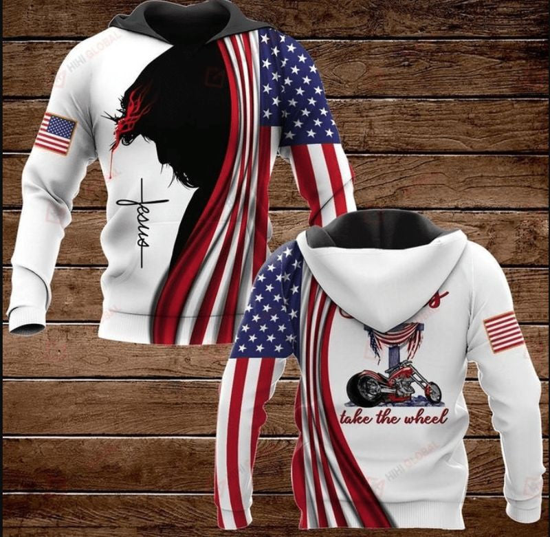 Bikergod Motorcycle Americal Flag Biker Jesus Take The Wheel Hoodie Design 3D Full Printed Sizes S - 5XL - NAAM31