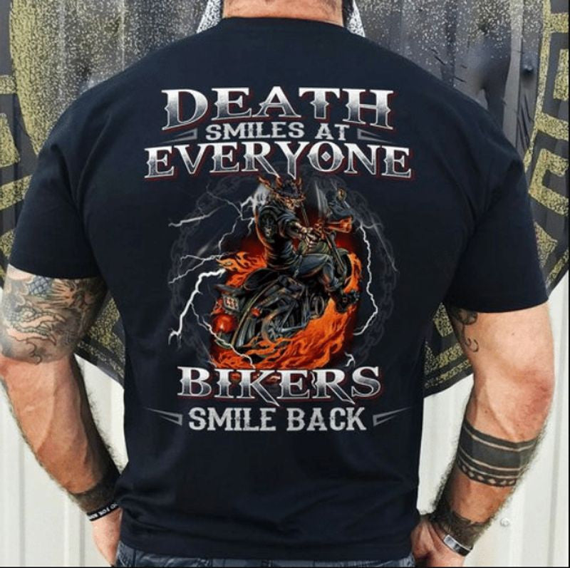 Bikergod Motorcycle death smiles at everyone bikers smile back T-shirt Design 2D Full Printed Sizes S - 5XL - NAAM62