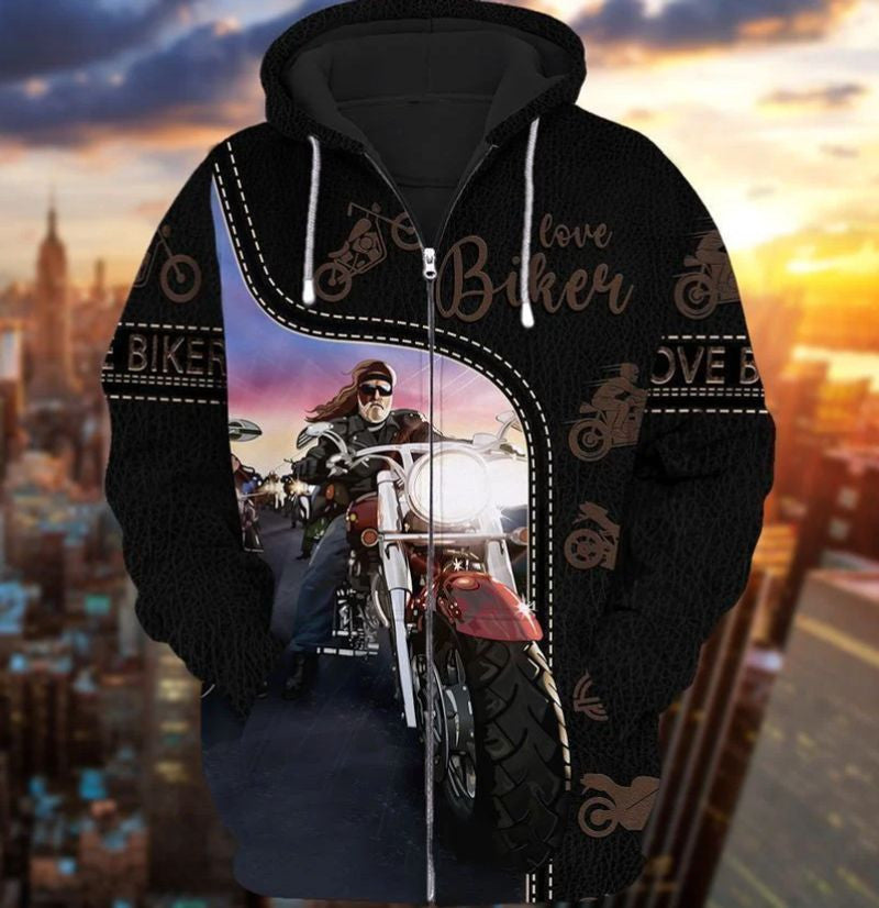 Bikergod Motorcycle Old Man With Motorcycle Biker Zip Hoodie Design 3D Full Printed Sizes S - 5XL - NAAM48