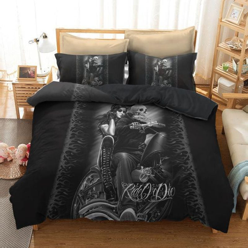 Bikergod Motorcycle Couple Skull Biker Bedding Set Cover Design 3D - NAL213