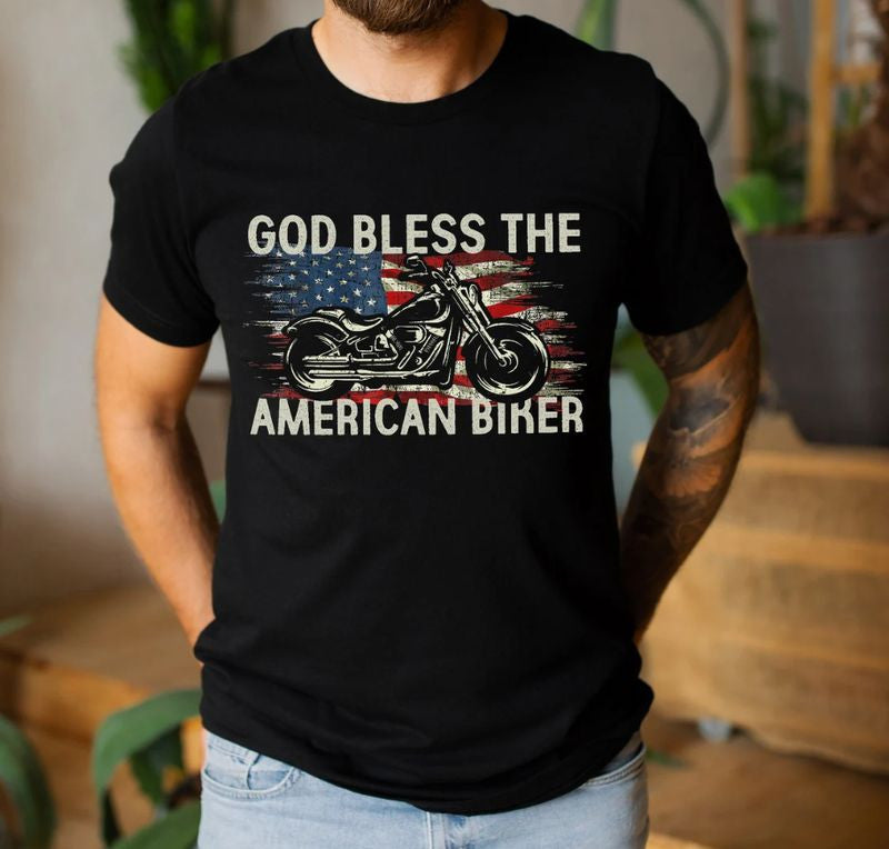 Bikergod Motorcycle USA Flag God Bless The American Biker T-shirt, Crew-neck Sweatshirt, Hoodie, Tank Top, V-neck T-shirt Design 2D Full Printed Sizes S - 5XL - NABS391