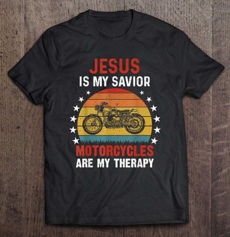Bikergod Motorcycle Jesus Is My Savior Motorcycles Are My Therapy T-shirt, Crew-neck Sweatshirt, Hoodie, Tank Top, V-neck T-shirt Design 2D Full Printed Sizes S - 5XL - NABD298