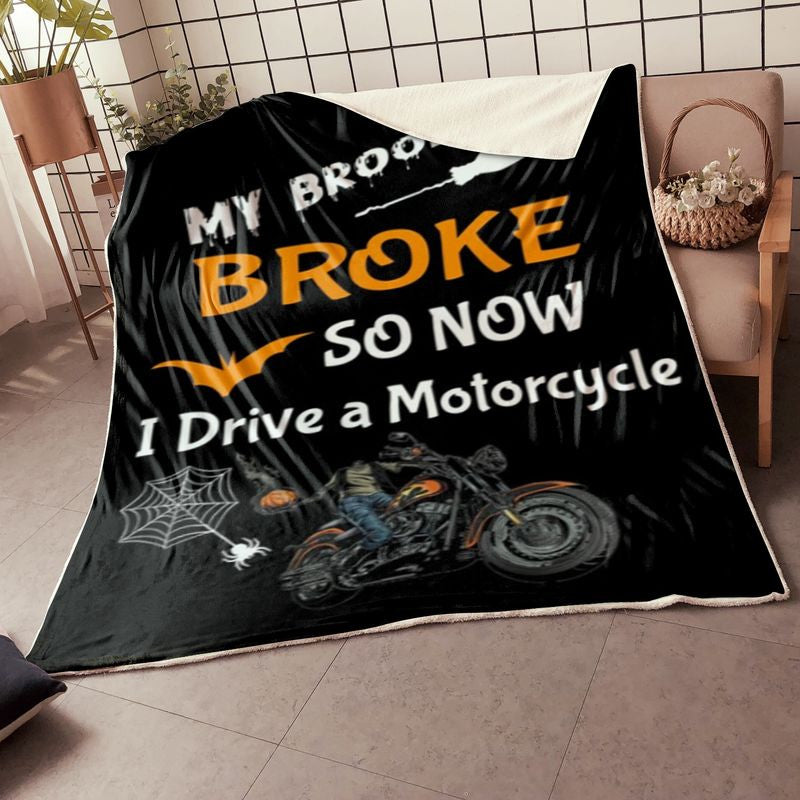 Bikergod Motorcycle My Broom Broke So Now I Ride A Motorcycle Halloween Blanket NABD376