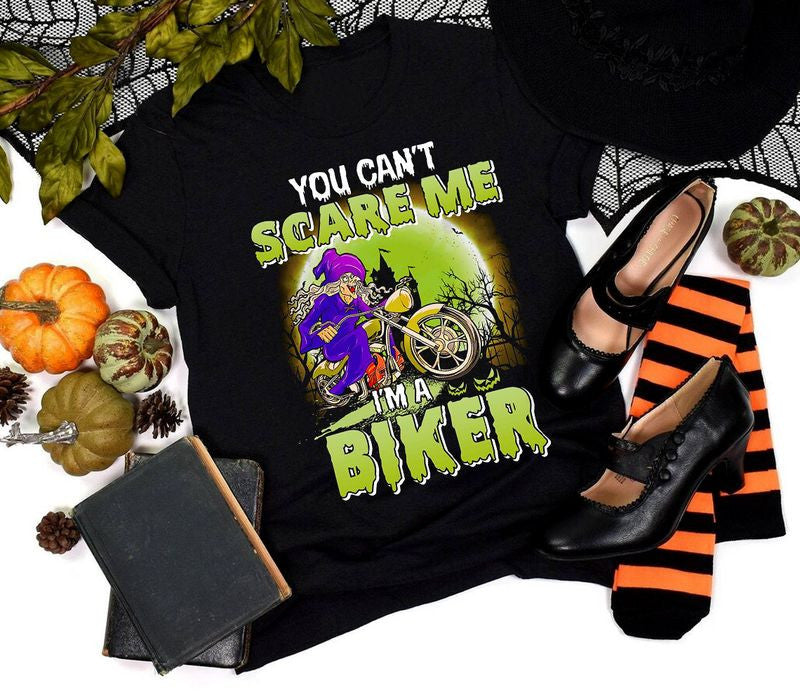 Bikergod Motorcycle Old Witch Riding You can?t scare me i?m a biker Halloween T-shirt, Crew-neck Sweatshirt, Hoodie, Tank Top, V-neck T-shirt Design 2D Full Printed Sizes S - 5XL - NABD247
