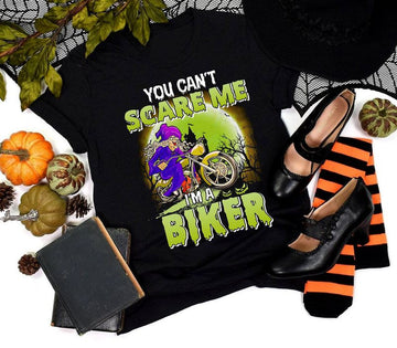 Bikergod Motorcycle Old Witch Riding You can?t scare me i?m a biker Halloween T-shirt, Crew-neck Sweatshirt, Hoodie, Tank Top, V-neck T-shirt Design 2D Full Printed Sizes S - 5XL - NABD247