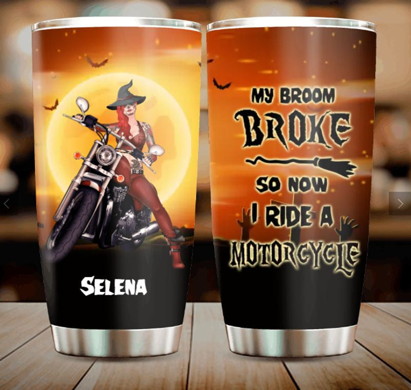 Bikergod Motorcycle My Broom Broke So Now I Ride A Motorcycle Halloween Custom Name Steelers Stainless Steel 20 Oz Tumbler- NABD396