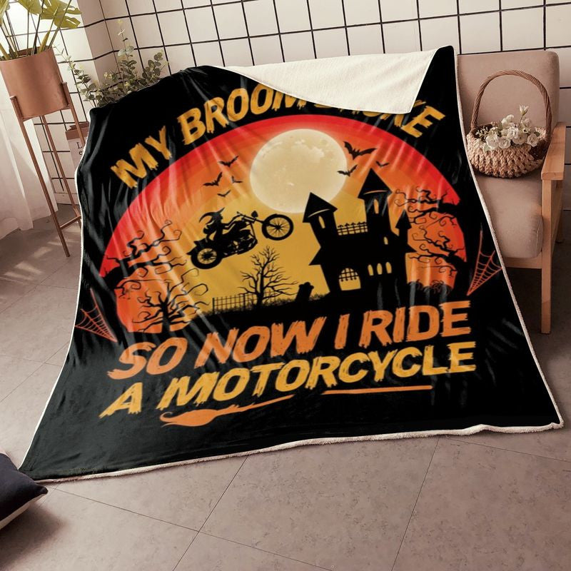 Bikergod Motorcycle My Broom Broke So Now I Ride A Motorcycle Halloween Blanket NABD379