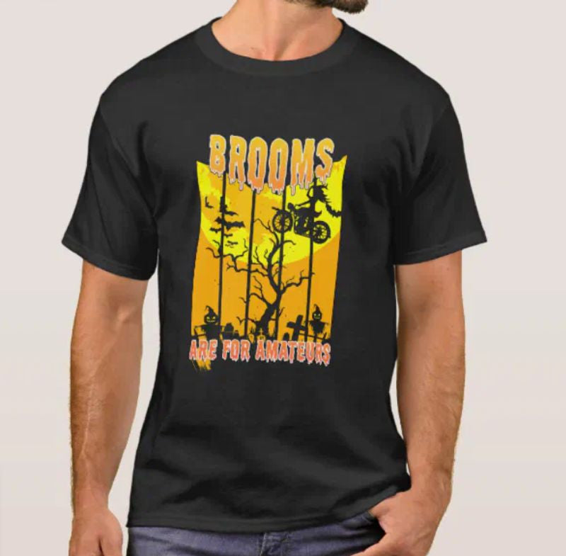 Bikergod Motorcycle Brooms Are For Amateurs Halloween T-shirt, Crew-neck Sweatshirt, Hoodie, Tank Top, V-neck T-shirt Design 2D Full Printed Sizes S - 5XL - NABD344