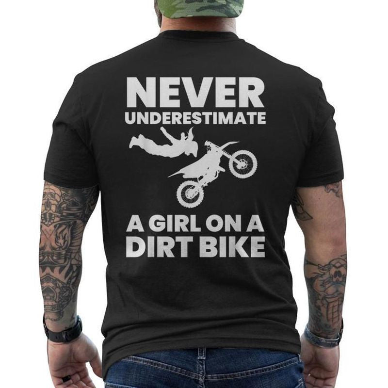 Bikergod Motorcycle Never Underestimate A Girl On A Dirt Bike T-shirt, Crew-neck Sweatshirt, Hoodie, Tank Top, V-neck T-shirt Design 2D Full Printed Sizes S - 5XL - NABG180