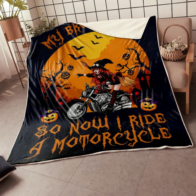 Bikergod Motorcycle My Broom Broke So Now I Ride A Motorcycle Halloween Blanket NABD384
