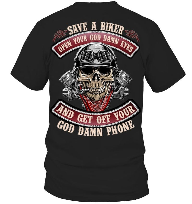 Bikergod Motorcycle Skull save a biker T-shirt, Crew-neck Sweatshirt, Hoodie, Tank Top, V-neck T-shirt Design 2D Full Printed Sizes S - 5XL - NABD231