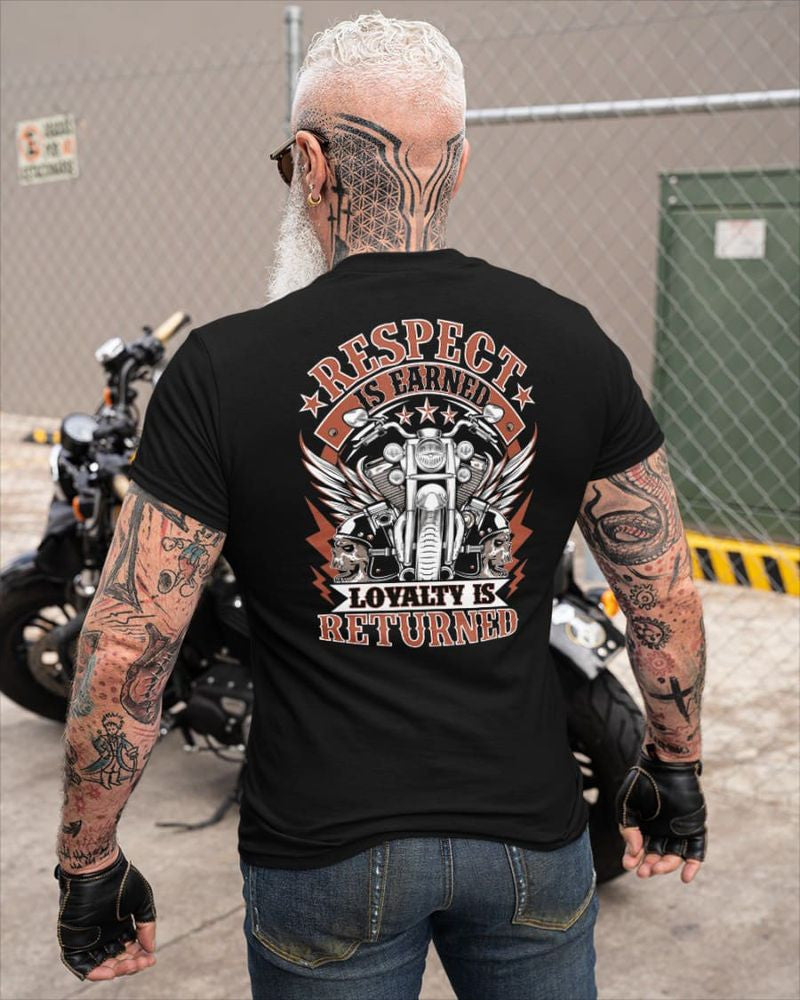 Bikergod Motorcycle Respect Is Earned Loyalty Is Returned T-shirt, Crew-neck Sweatshirt, Hoodie, Tank Top, V-neck T-shirt Design 2D Full Printed Sizes S - 5XL - NABS292