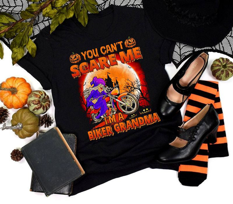 Bikerhood Motorcycle Old Witch Riding You can?t scare me i?m a biker grandma Halloween T-shirt, Crew-neck Sweatshirt, Hoodie, Tank Top, V-neck T-shirt Design 2D Full Printed Sizes S - 5XL - NABD250