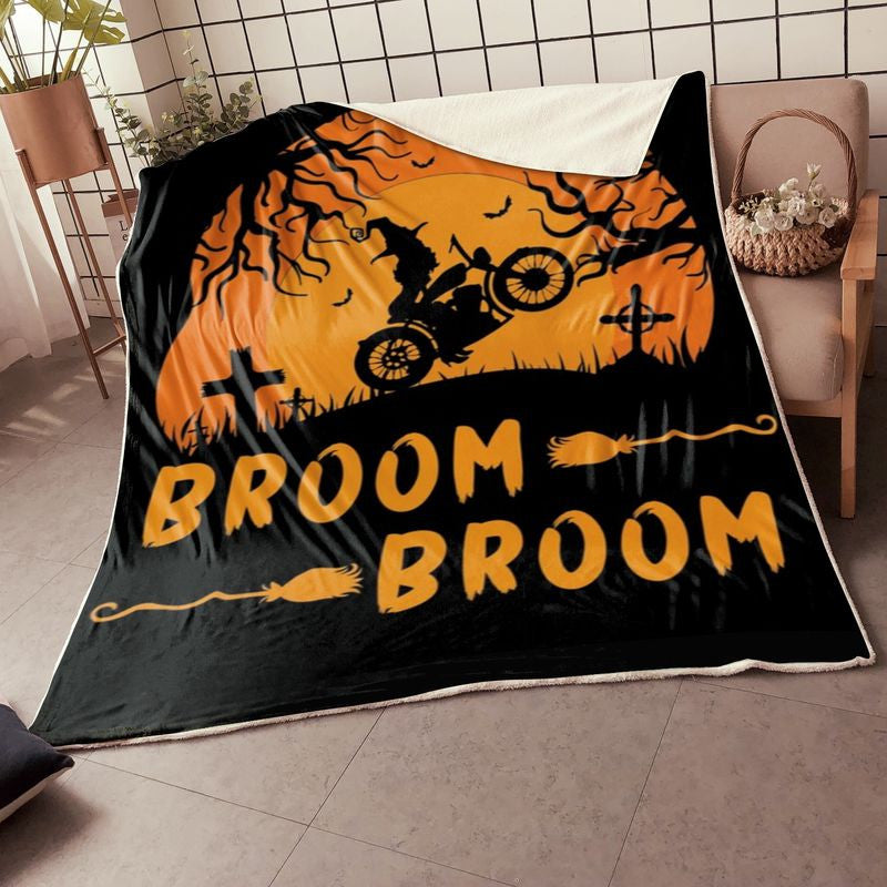 Bikergod Motorcycle Broom Broom Witch Ride A Motorcycle Halloween Blanket NABD381