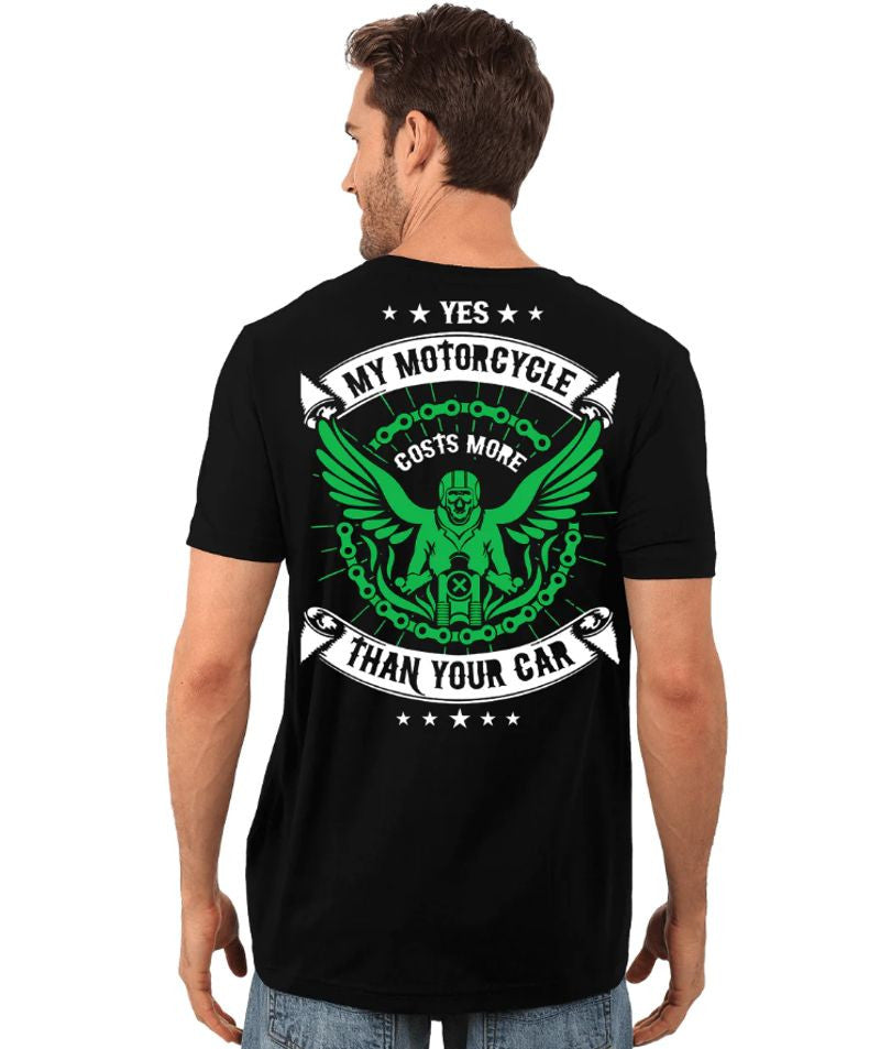 Bikergod Motorcycle MY MOTORCYCLE COSTS MORE THAN YOUR CAR T-shirt, Crew-neck Sweatshirt, Hoodie, Tank Top, V-neck T-shirt Design 2D Full Printed Sizes S - 5XL - NABF282