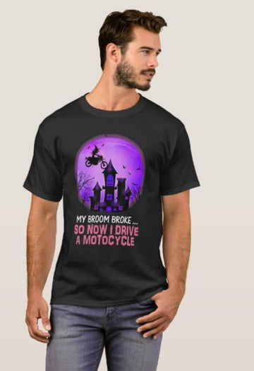 Bikergod Motorcycle My Broom Broke So Now I Drive A Motorcycle Halloween T-shirt, Crew-neck Sweatshirt, Hoodie, Tank Top, V-neck T-shirt Design 2D Full Printed Sizes S - 5XL - NABD343