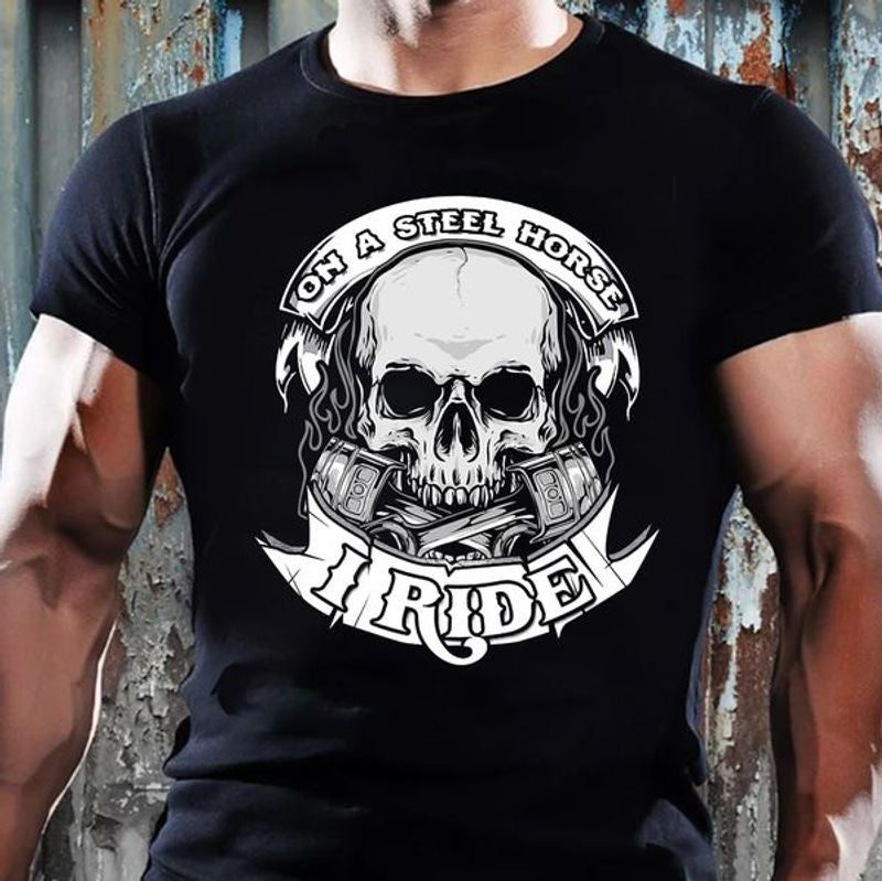 Bikergod Motorcycle On a steel horse I ride skull motorcycle T-shirt, Crew-neck Sweatshirt, Hoodie, Tank Top, V-neck T-shirt Design 2D Full Printed Sizes S - 5XL - NABS300