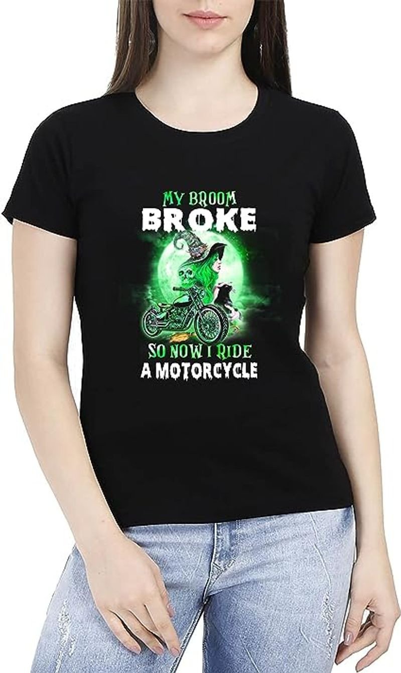 Bikergod Motorcycle My Broom Broke So Now I Ride A Motorcycle Halloween T-shirt, Crew-neck Sweatshirt, Hoodie, Tank Top, V-neck T-shirt Design 2D Full Printed Sizes S - 5XL - NABC300