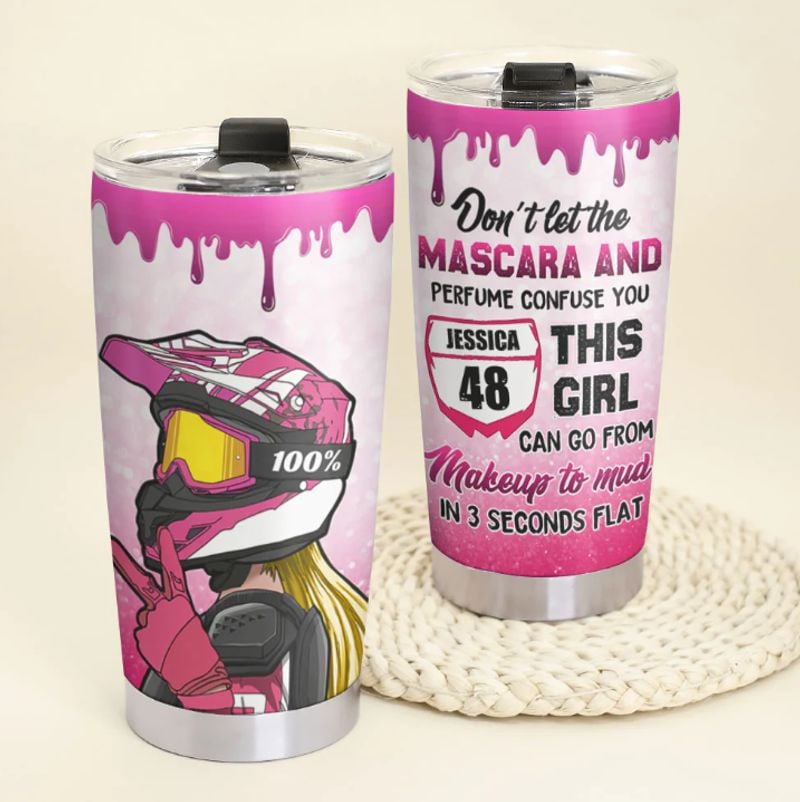 Bikergod Motorcycle Don't Let The Mascara And Perfume Confuse You Makeup To Mud In 3 Senconds Custom Name And Number Steelers Stainless Steel 20 Oz Tumbler- NMK312