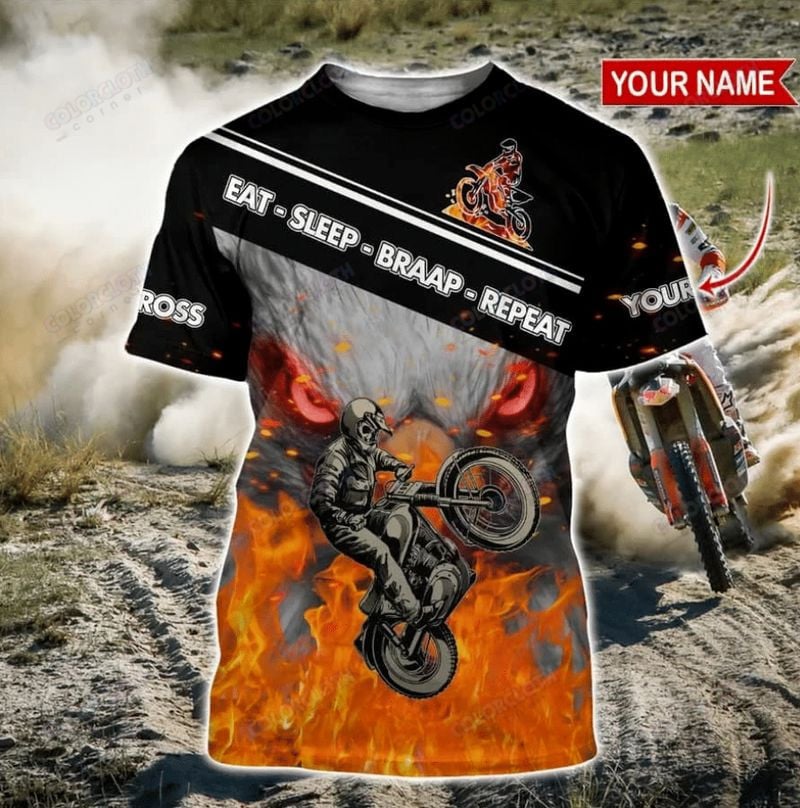 Bikergod Motorcycle EAT-SLEEP-BRAAP-REPEAT Custom Name  T-shirt Design 3D Full Printed Sizes S - 5XL - NMK318