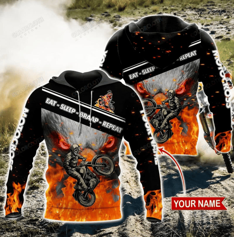 Bikergod Motorcycle EAT-SLEEP-BRAAP-REPEAT Custom Name  Hoodie Design 3D Full Printed Sizes S - 5XL - NMK318A