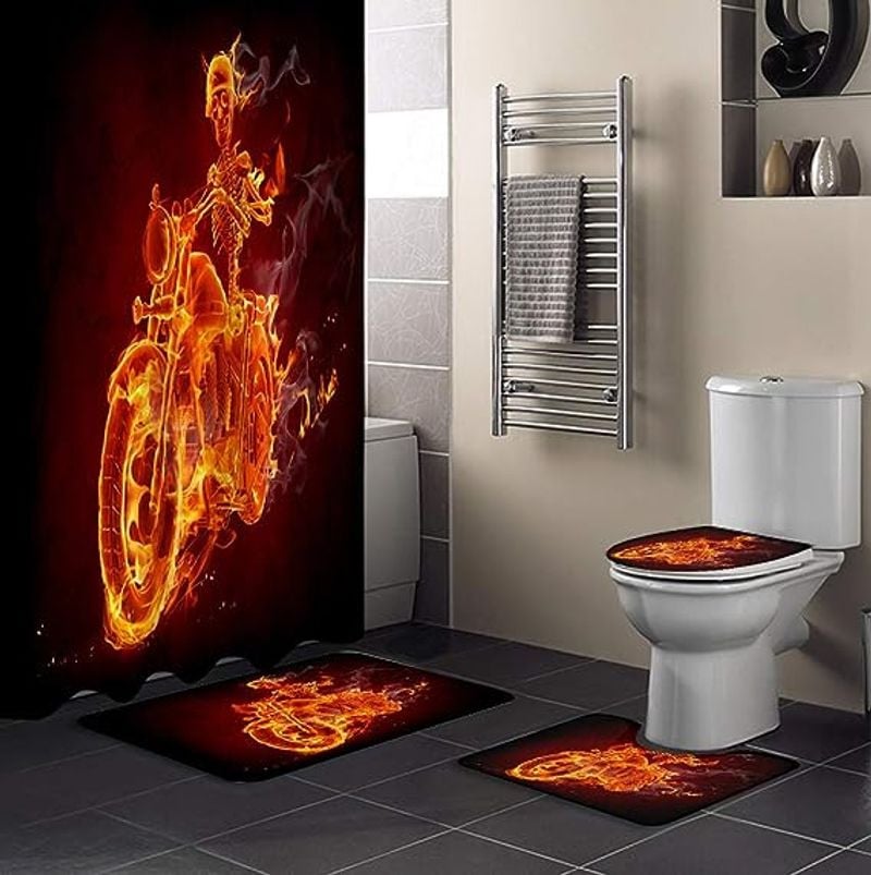 Bikergod Motorcycle Skull on Fire Riding Motorcycle Bathroom Decor Set NABC338