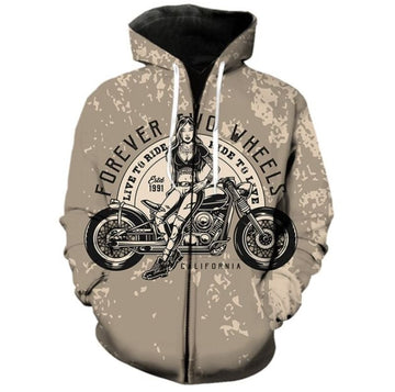 Bikergod Motorcycle Forever Two Wheels  Zip Hoodie Design 3D Full Printed Sizes S - 5XL - NABC389