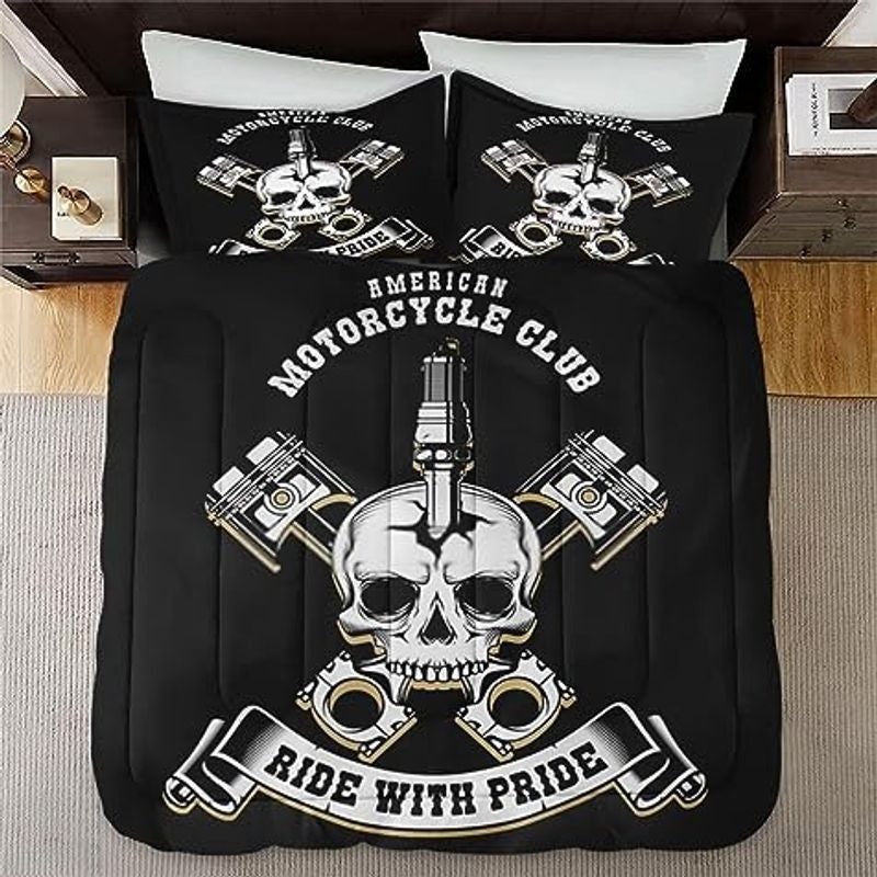 Bikergod Motorcycle American Motorcycle Club Skull Biker Bedding Set Cover Design 3D - NABB249