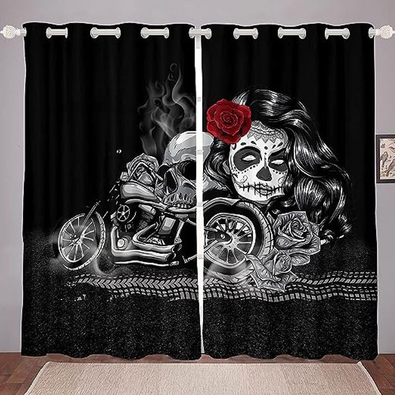 Bikergod Motorcycle Rose Skull Couple Curtain Design 3D Full Printed NABC344