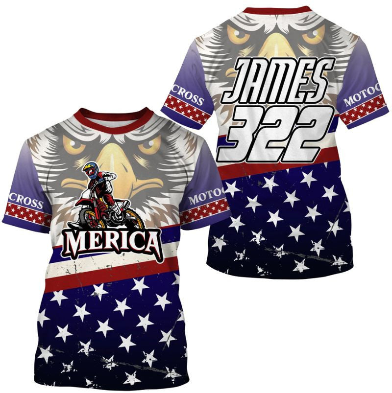 Bikergod Motorcycle America Eagle Motocross Custom Name And Number  T-shirt Design 3D Full Printed Sizes S - 5XL - NMTM343