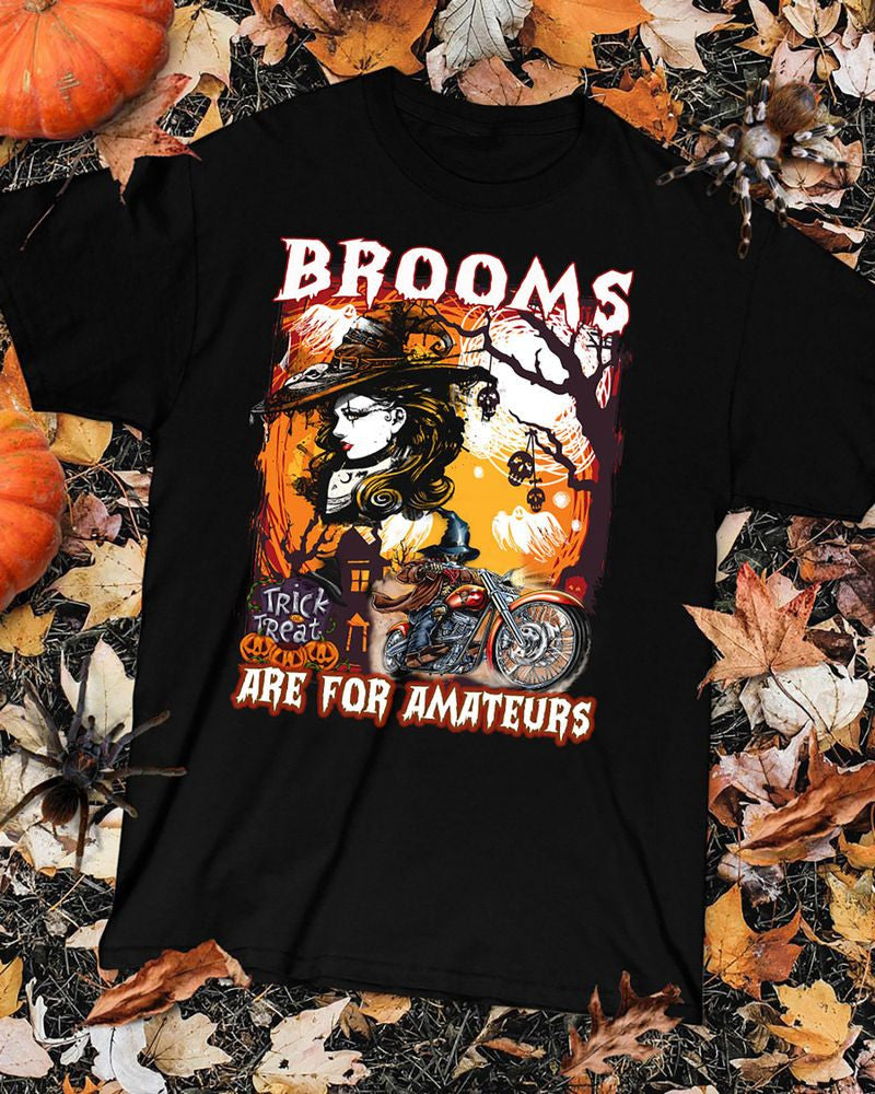 Bikergod Motorcycle Brooms Are for Amateurs Witch Biker Halloween T-shirt, Crew-neck Sweatshirt, Hoodie, Tank Top, V-neck T-shirt Design 2D Full Printed Sizes S - 5XL - NABC393