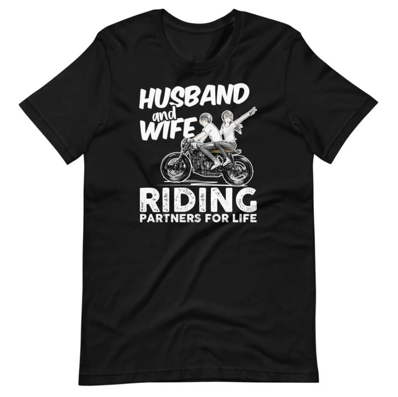 Bikergod Motorcycle Husband And Wife Riding Partners For Life T-shirt, Crew-neck Sweatshirt, Hoodie, Tank Top, V-neck T-shirt Design 2D Full Printed Sizes S - 5XL - NAMA321