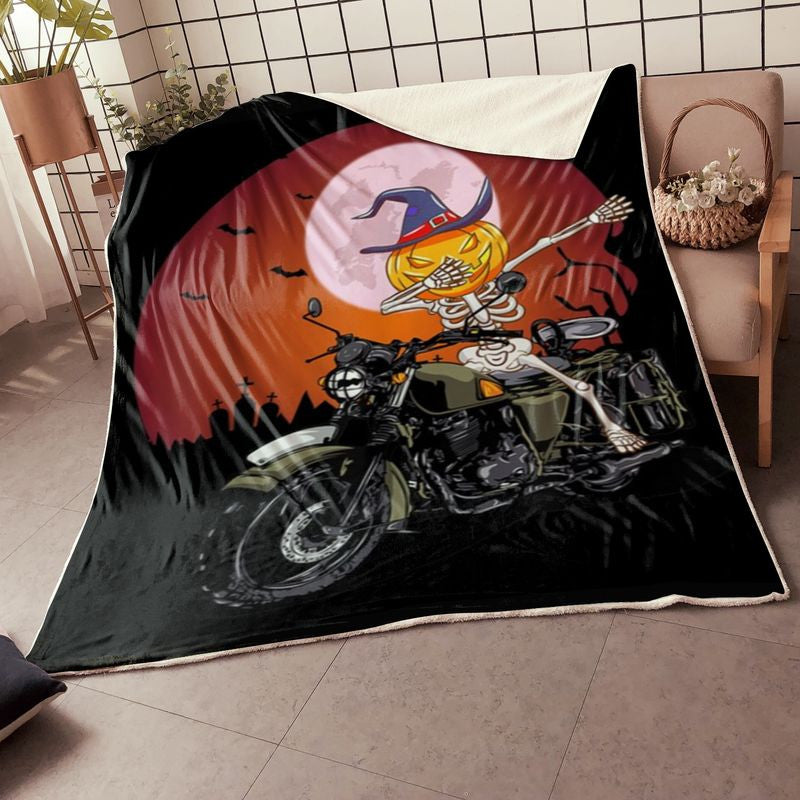 Bikergod Motorcycle Pumpkin Skeleton Ride A Motorcycle Halloween Blanket NABD382