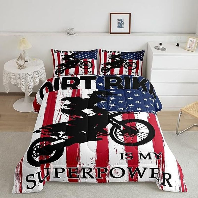 Bikergod Motorcycle Motocross US Flag Dirt Bike Is My Supperpower Bedding Set Cover Design 3D - NABB294