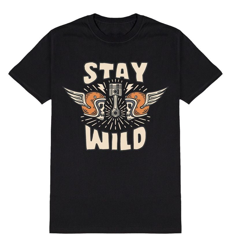 Bikergod Motorcycle Stay Wild Skeleton Biker T-shirt, Crew-neck Sweatshirt, Hoodie, Tank Top, V-neck T-shirt Design 2D Full Printed Sizes S - 5XL - NABB195