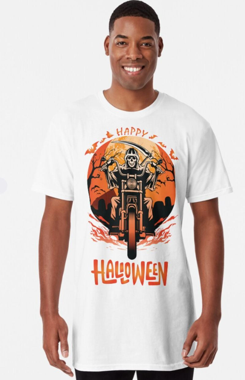 Bikergod Motorcycle Rider Happy Halloween T-shirt, Crew-neck Sweatshirt, Hoodie, Tank Top, V-neck T-shirt Design 2D Full Printed Sizes S - 5XL - NABC320