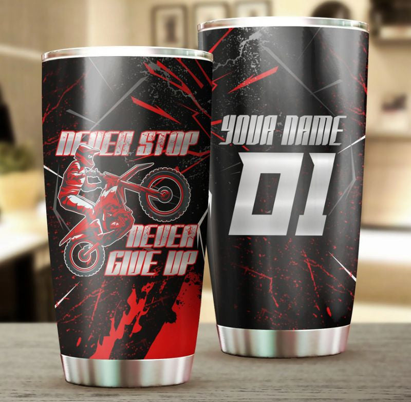 Bikergod Motorcycle Never Stop Never Give Up Custom Name And Number Steelers Stainless Steel 20 Oz Tumbler- NMK317