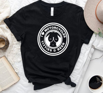 Bikergod Motorcycle I Love Motorcycles Titties & Beer T-shirt, Crew-neck Sweatshirt, Hoodie, Tank Top, V-neck T-shirt Design 2D Full Printed Sizes S - 5XL - NAMA328