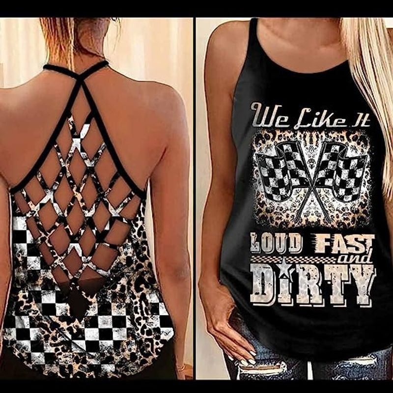 Bikergod Motorcycle Racing We Like It Loud Fast And Dirty CRISS CROSS OPEN BACK CAMISOLE TANK TOP DESIGN 3D SIZE S - 5XL -NALA352