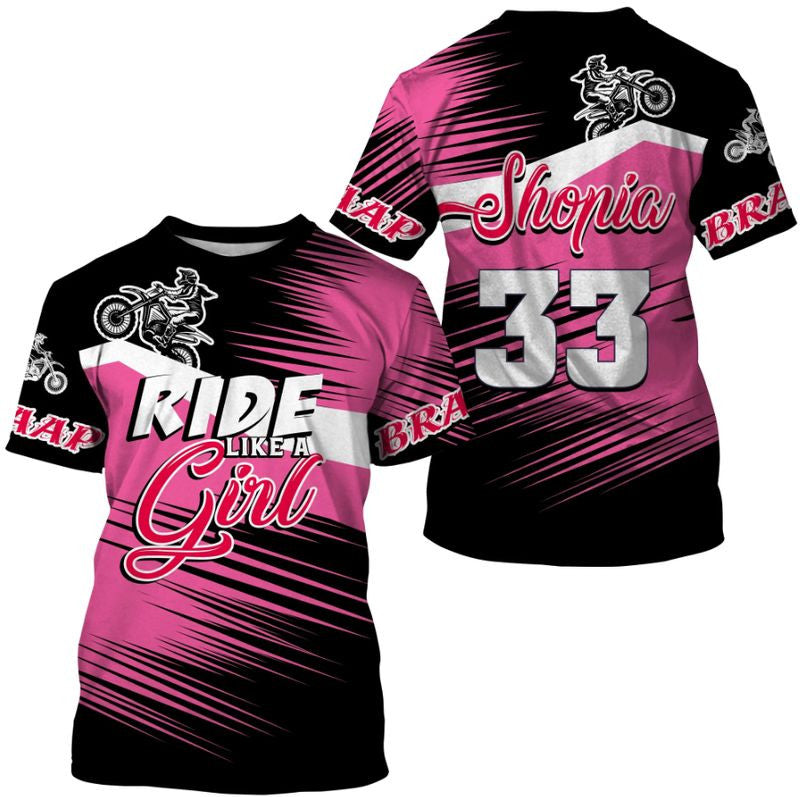 Bikergod Motorcycle Ride Like A Girl Custom Name And Number  T-shirt Design 3D Full Printed Sizes S - 5XL - NMTM344
